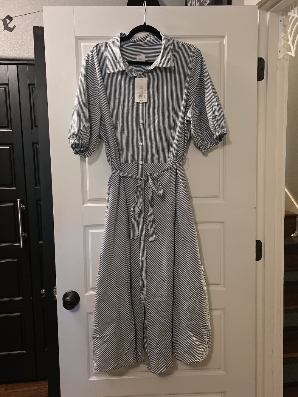 Classic Striped Shirt Dress with Tie Waist - Green/White Size XXL - 100% Cotton